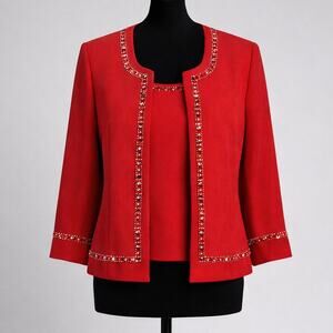St John Evening Santana Knit Crystal Jacket Shell Set Red Medium 8